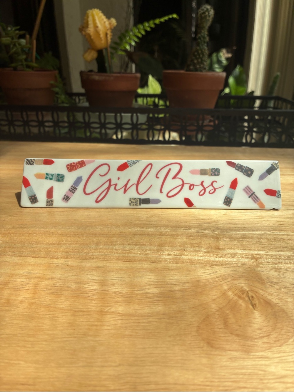 Ceramic "Girl Boss" Desk Nameplate Sign | Makeup & Lipstick Design